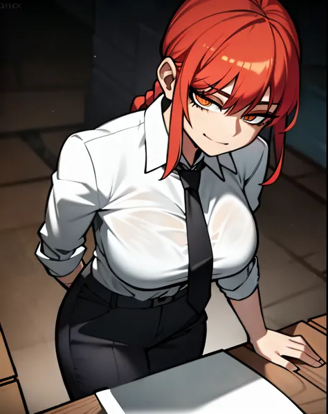 est quality, 1girl, white wet shirt, collared shirt, black necktie, black trousers, looking down, sensual, rotated, granny flat, evening, corneo_makima, makima (chainsaw man), (large breasts:1.4) , fingersmile:1.2, bored, ringed eyes, red hair, braided pon...