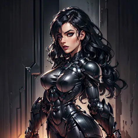 (Petaj, woman), dynamic pose, ((full body)), ((Black matte armor, )), (masterpiece, best quality), (detailed skin:1.3, detailed face:1.3), dslr,, (((hair over one eye))), (big hair1.2)), black hair), Grey Eyes, Mascara, Eyeliner, High resolution, Ultra-poi...