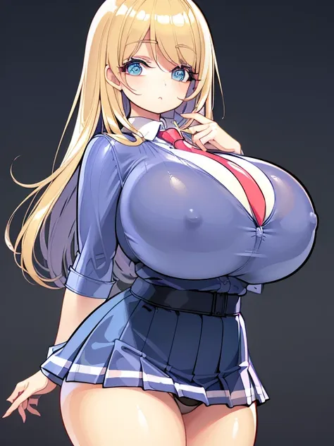 best quality,ultra-detailed,(realistic:1.37),cute and hot (schoolgirl:1.1) with (huge:1.1)(disproportional:1.1) breasts almost spilling out,(big:1.1) breasts,narrow waist,wide hips,microskirt,side-tie panties,short top,covered nipples,Shuz style,(anime:1.1...