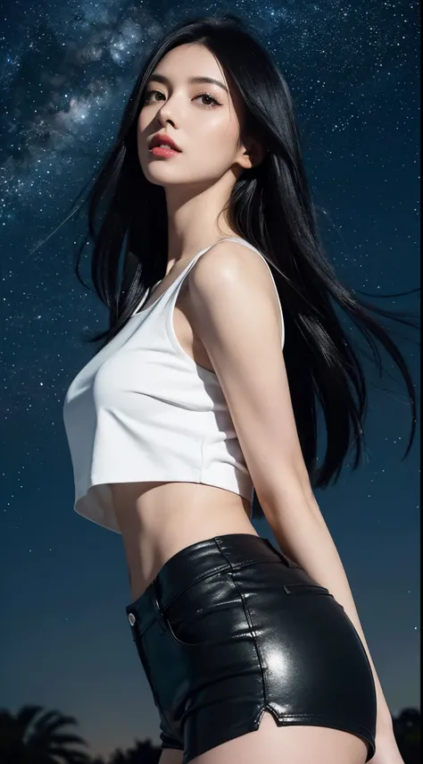 Generate an image featuring a woman with glossy black hair, dressed in a white cropped top and black shorts. Capture the scene from a low-angle perspective, showcasing the night sky filled with glittering stars as a backdrop. Emphasize the contrast between...