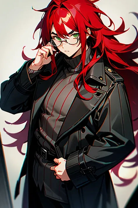 1boy, long messy crimson hair with V bangs, goth, grey striped sweater, fat, thick eyebrows, green eyes, chubby, black trench coat, thin aviator glasses