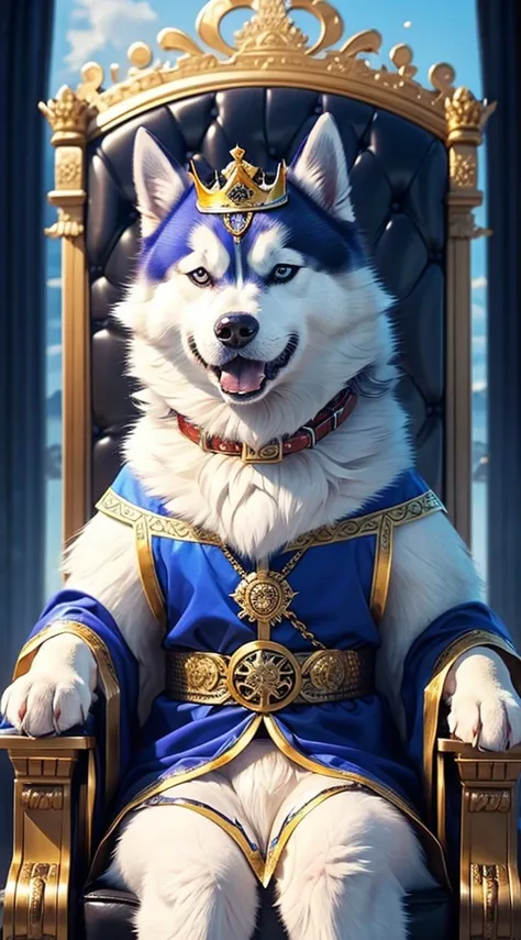 (1 dog king)、diadems、sitting in a throne,Dignified,Cool、Siberian Husky、in castle、