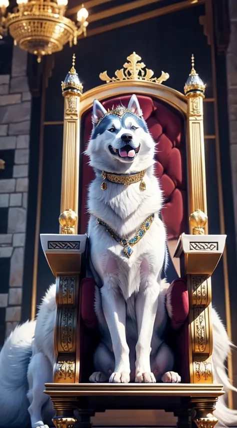 (1 dog king)、diadems、sitting in a throne,Dignified,Cool、Siberian Husky、in castle、