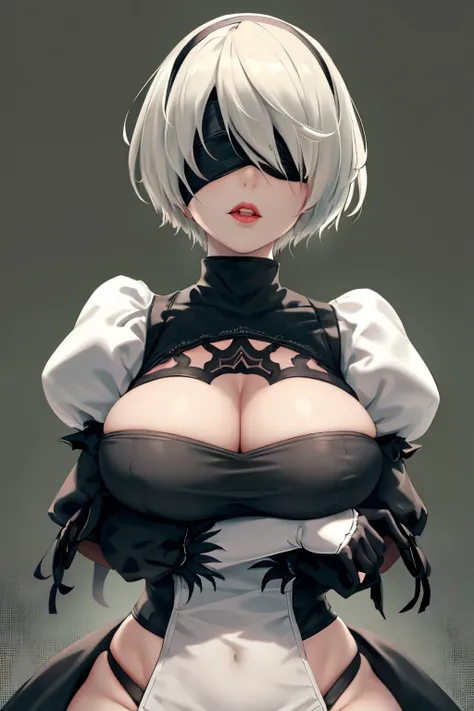 yorha no. 2 type b, 1girl, wlop, (blindfold), breasts, cleavage, cleavage cutout, clothing cutout, green background, hair between eyes, hairband, highres, juliet sleeves, long sleeves, nier (series), nier automata,  puffy sleeves, red lips, shaded face, sh...