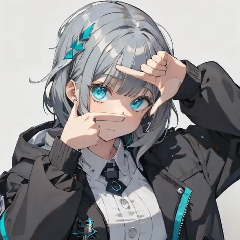 (masutepiece:1.2, Best Quality), 1 girl in, Turquoise eyes, jet-black hair, Jacket,(Gray white background:1.7),Finger Frame,full body,big breast,