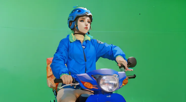 an anime girl who wearing blue jacket and blue helmet, she riding a blue motorcycle, looking in her hand