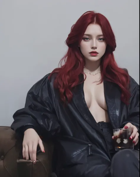 mulher ruiva com jaqueta de couro preta, sitting on a couch, Anna Nikonova aka Newmilky, Taran Dasha, Yelena Belova, Anastasia Ovchinnikova, Alexandra Waliszewska, Cyberpunk feminino ruivo, Olga Buzova, inspirado em Elsa Bleda, with pale skin, com cabelos ...