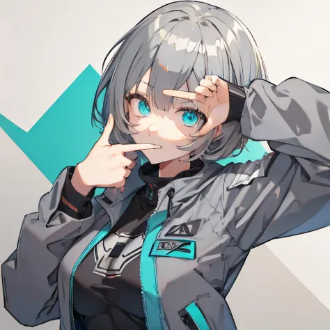 (masutepiece:1.2, best quality), 1 girl in, turquoise eyes, jet-black hair, jacket,(gray white background:1.7),finger frame,full...