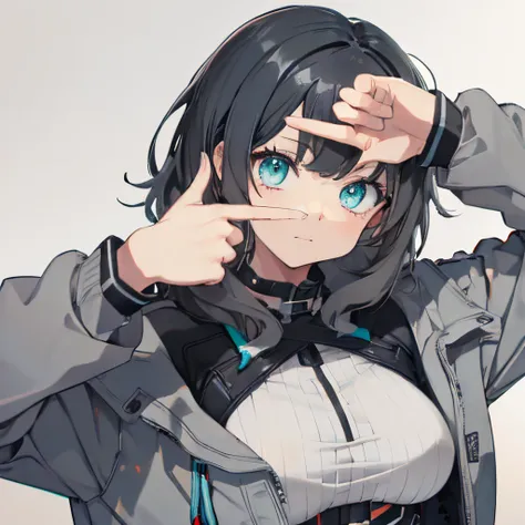 (masutepiece:1.2, Best Quality), 1 girl in, Turquoise eyes, jet-black hair, Jacket,(Gray white background:1.7),Finger Frame,full body,big breast,