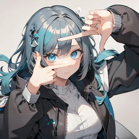 (masutepiece:1.2, Best Quality), 1 girl in, Turquoise eyes, jet-black hair, Jacket,(Gray white background:1.7),Finger Frame,full body,big breast,