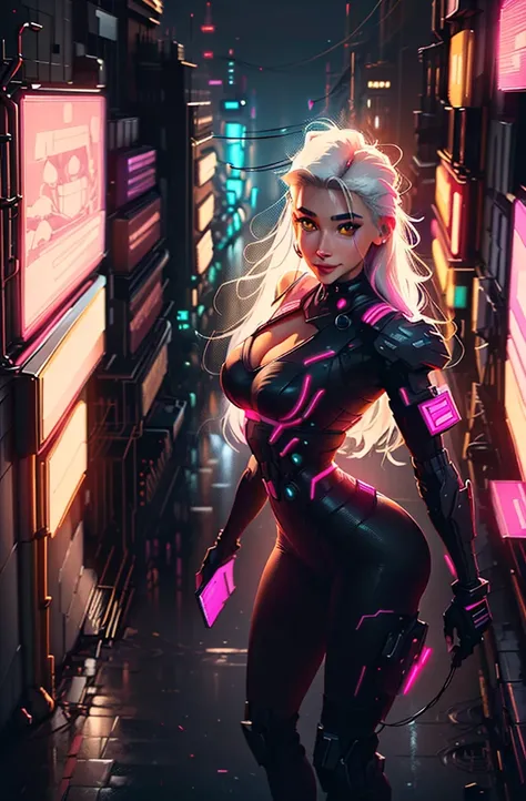 Pretty, Woman, Sexy face, Yellow eyes, White hair, Slim body, sexy smile, Sexy Pose (breast), Pink tights, long legs walking forward, mechs, Neon sign, Led Night City, Seen from above, High quality, Realistic, Beautiful light, full detail, Black background