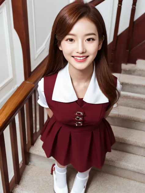 ultra high-definition images，korean half,  half german, beautifull detailed face, maroon hair, white uniform，red shoes， portrait...