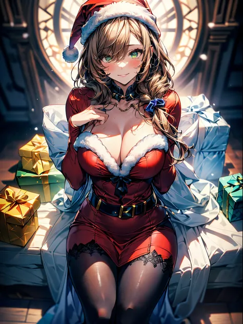 (Conceptual image board:1.3), ((matured girl wearing Sexy Santa clause costume with far:1.3, red dress with green, holding a present box in both hands to give viewers:1.2, close to viewers:1.2)), a matured woman with long black hair and a red outfit, red w...