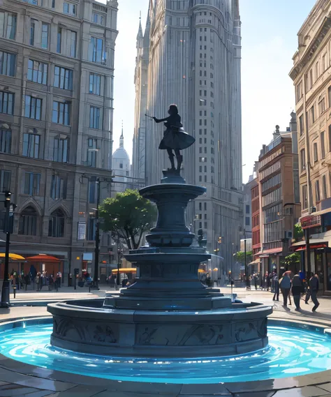 a woman playing in a beautiful fountain near a square