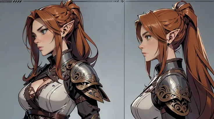 extremely detailed 8k wallpaper, Ultrarealistic, highres, masterpiece, ultra-detailed, high resolution, smooth, video game cut scene, close up, various angles, 1 young female elf warrior with a very detailed long hair, ((intricate hairstyle:1.3)), half up ...