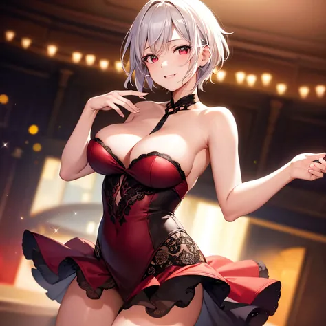 Masterpiece, best quality, ultra high res, illustration, 1 girl, solo, cowboy shot, dancing, hands up, (platinum short hair), beautiful  red eyes, black lingerie, smiling, bokeh, depth of field, best quality,