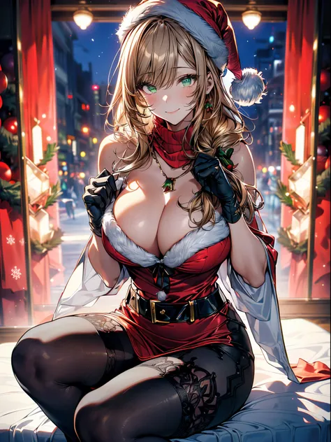 (Conceptual image board:1.3), ((matured girl wearing Sexy Santa clause costume with far:1.3, red dress with green, holding a present box in both hands to give viewers:1.2, close to viewers:1.2)), a matured woman with long black hair and a red outfit, red w...