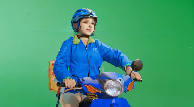 a sketch anime girl with smiling face, who wearing blue jacket and blue helmet, she riding a blue motorcycle, looking in her hand