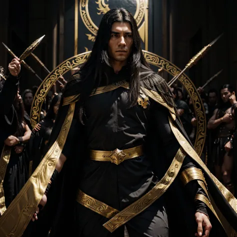 dark muscular male god lord with long black hair wearing black and gold cloak leading an army of gods, 1man, masculine