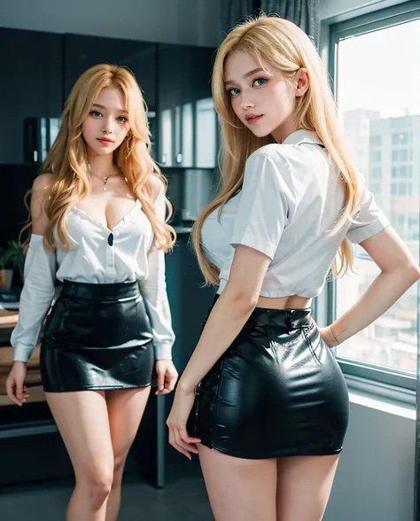 2girl, (twins), (Blue eyes), (Smile), (Sana Minatozaki), wide hips, Big Boobs, big ass, round butt, (Best Quality, 8k, Masterpiece: 1.3), perfect hands, Clear Focus: 1.2, Perfect Body Beauty: 1.4 , Slender Abs: 1.2, Highly detailed face and skin texture, d...