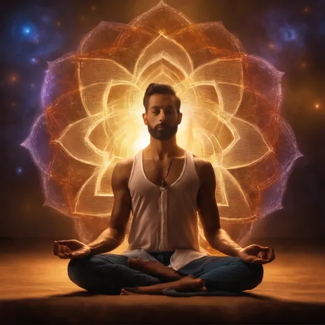 "Self Portrait of a yogi-man, seated- padmasana-lotus posture, With a third eye chakra symbol-mixed with rainbow illuminated lightbulb, penetrating eyes and highly realistic details. Use me as the model, young, masculine, handsome. Captured with an artisti...