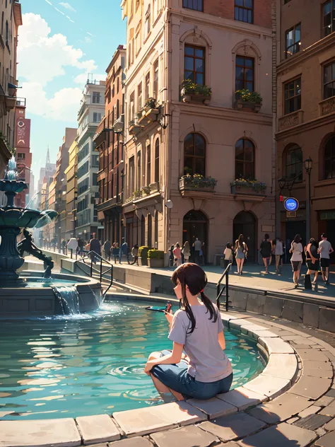 a woman playing in a beautiful fountain near a square --auto --s2