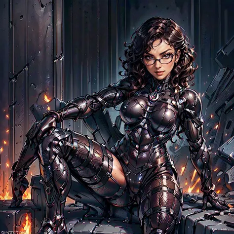 (CristinaBellaQuiron woman), dynamic pose, ((full body)), ((Black matte armor, )), (masterpiece, best quality), (detailed skin:1.3, detailed face:1.3), dslr,, ( Medium hair brown, ojou curls:1.2), wearing sexy glasses, Brown eyes, Mascara, High resolution,...