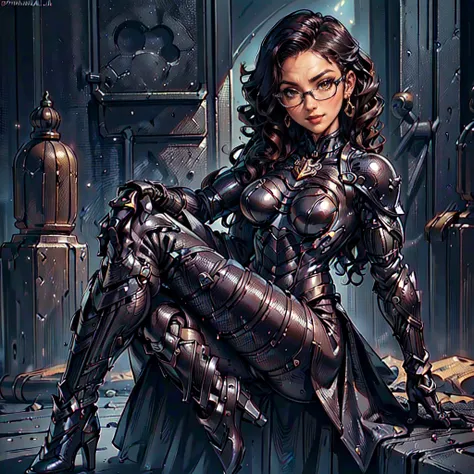 (CristinaBellaQuiron woman), dynamic pose, ((full body)), ((Black matte armor, )), (masterpiece, best quality), (detailed skin:1.3, detailed face:1.3), dslr,, ( Medium hair brown, ojou curls:1.2), wearing sexy glasses, Brown eyes, Mascara, High resolution,...