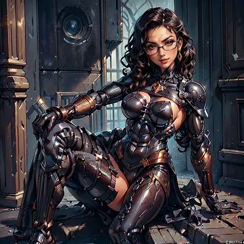 (CristinaBellaQuiron woman), dynamic pose, ((full body)), ((Black matte armor, )), (masterpiece, best quality), (detailed skin:1.3, detailed face:1.3), dslr,, ( Medium hair brown, ojou curls:1.2), wearing sexy glasses, Brown eyes, Mascara, High resolution,...