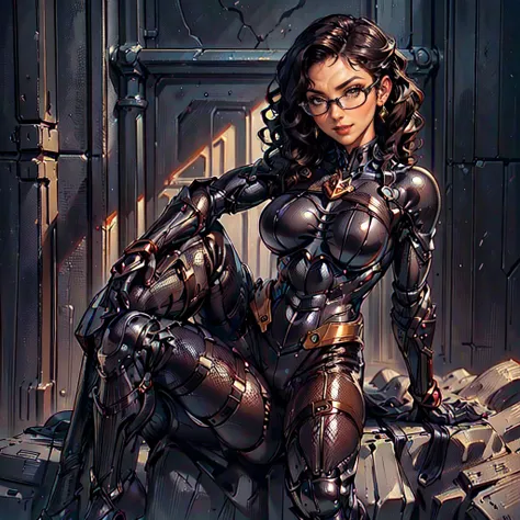 (CristinaBellaQuiron woman), dynamic pose, ((full body)), ((Black matte armor, )), (masterpiece, best quality), (detailed skin:1.3, detailed face:1.3), dslr,, ( Medium hair brown, ojou curls:1.2), wearing sexy glasses, Brown eyes, Mascara, High resolution,...