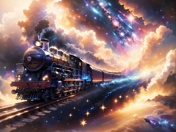 (((masutepiece))), high quality, extremely detailed, steam locomotive running in space, galaxy railway, spaces, (galaxies backgr...