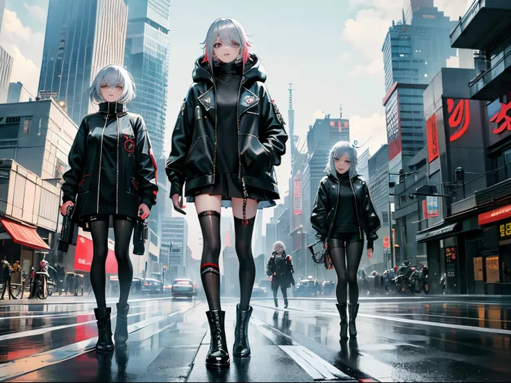 cyberpunked、girl with２a person、mechanic、comical、Anime style、white  hair、motor bikes、leather jackets、punk coloring、sity、nightcity、Street、doodle、parka、Mature、Tall Woman、Military、long boots