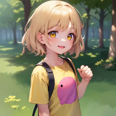 (looking away:1.2), Side angle, ​masterpiece、hightquality、(blonde short hair, yellow  eyes)、5-year-old girl、child, (Alone:1.5)、Wearing a pink T-shirt、Hands raised、(The upper body of the subject is shown:1.3)、(Smiling expression:1.1)、Bold composition、The ba...