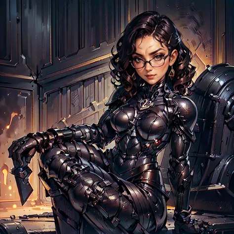 (CristinaBellaQuiron woman), dynamic pose, ((full body)), ((Black matte armor, )), (masterpiece, best quality), (detailed skin:1.3, detailed face:1.3), dslr,, ( Medium hair brown, ojou curls:1.2), wearing sexy glasses, Brown eyes, Mascara, High resolution,...