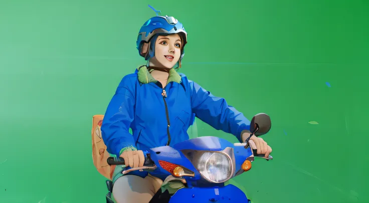 a sketch anime girl with smiling face, who wearing blue jacket and blue helmet, she riding a blue motorcycle, looking in her hand