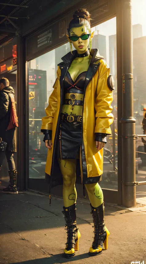 1girl, sexy githyanki, (green skin:1.4), cyberpunk, black short hair bun, orange eyes, pointy ears, (cyberpunk yellow coat:1.3),...