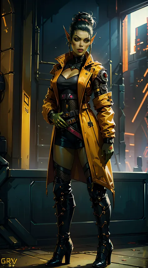 1girl, sexy githyanki, (green skin:1.4), cyberpunk, black short hair bun, orange eyes, pointy ears, (cyberpunk yellow coat:1.3),...