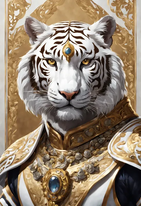 (best illumination, best shadow, masterpiece, best quality), anthropomorphic white tiger king, majestic, intimidating, powerful, epic, royal armor of white and gold with intricate details, clean lines, perfect illustration