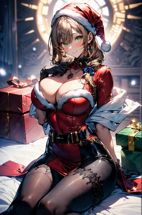 (Conceptual image board:1.3), ((matured girl wearing Sexy Santa clause costume with far:1.3, red dress with green, holding a present box in both hands to give viewers:1.2, close to viewers:1.2)), a matured woman with long black hair and a red outfit, red w...