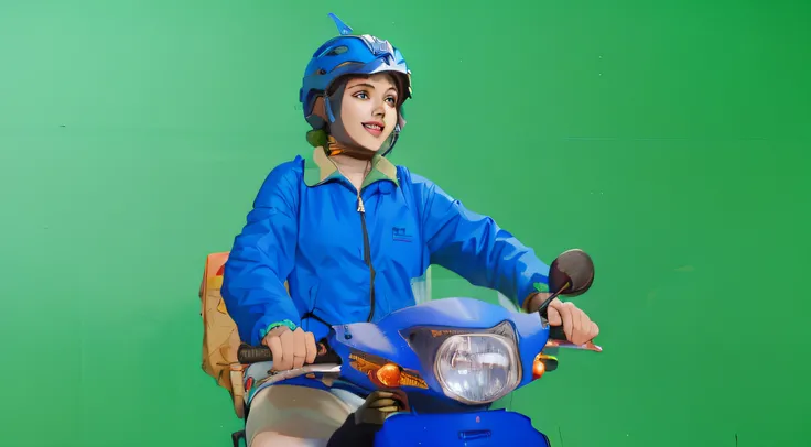 a sketch anime girl with smiling face, who wearing blue jacket and blue helmet, she riding a blue motorcycle, looking in her hand