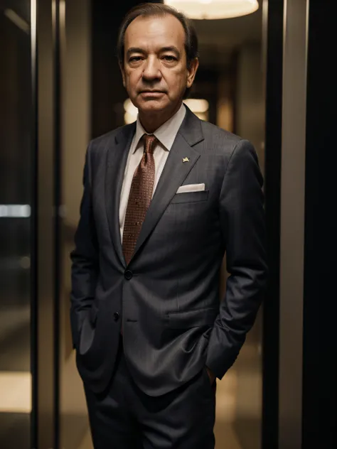 Famous trader John Paulson, wearing a suit, beautiful lighting, best quality, realistic, full-length portrait, realistic image, intricate details, depth of field. highly detailed