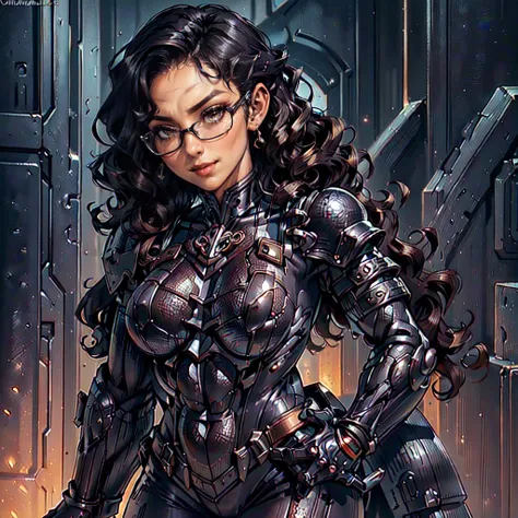 (CristinaBellaQuiron woman), dynamic pose, ((full body)), ((Black matte armor, )), (masterpiece, best quality), (detailed skin:1.3, detailed face:1.3), dslr,, ( Medium hair brown, ojou curls:1.2), wearing sexy glasses, Brown eyes, Mascara, High resolution,...