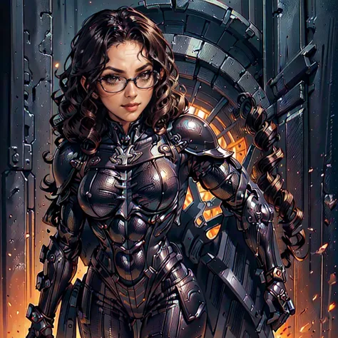 (CristinaBellaQuiron woman), dynamic pose, ((full body)), ((Black matte armor, )), (masterpiece, best quality), (detailed skin:1.3, detailed face:1.3), dslr,, ( Medium hair brown, ojou curls:1.2), wearing sexy glasses, Brown eyes, Mascara, High resolution,...