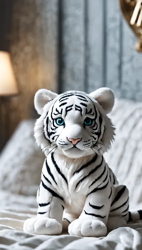 (best illumination, best shadow, masterpiece, best quality), a white tiger plushie on a bed with elaborate details, cute, natural lighting, clean lines, perfect illustration