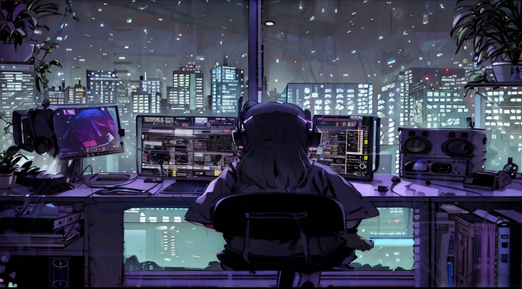 Menina anime sentada em uma mesa com um computador e um monitor, gamer aesthetic, cyberpunk vibes, Elogio Artstyle, anime vibes, Estilo de arte cyberpunk, menina lofi, lo-fi illustration style, Arte Lo-fi, vibe cyberpunk, Laurie Greasley, Arte Lofi, cyberp...