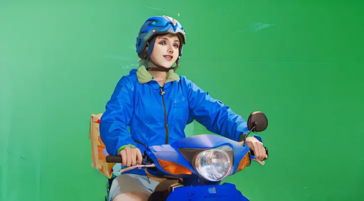 a sketch anime girl with smiling face, who wearing blue jacket and blue helmet, she riding a blue motorcycle, looking in her hand