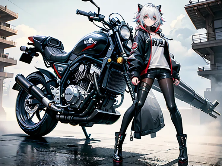 cyberpunked、girl with２a person、mechanic、comical、Anime style、white  hair、motor bikes、leather jackets、punk coloring、sity、nightcity、Street、doodle、parka、Mature、Tall Woman、Military、long boots、missiles