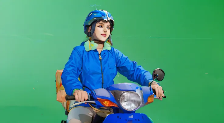 a sketch anime girl with smiling face, who wearing blue jacket and blue helmet, she riding a blue motorcycle, looking in her hand