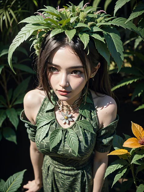 1girl, photo of marijuana, cannabis leaves, Cannabis flower bouquet, hemp print, Blurry eyes, humanoid body composed entirely of flowers and foliage, skin green and composed of intricately detailed leaves and vines, lush enchanted forest background, butter...