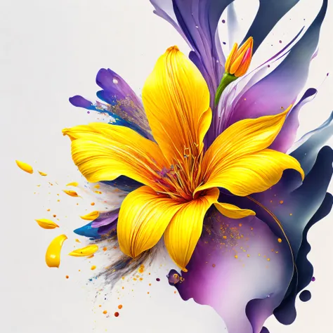 An abstract yellow lily flower breaking loose and falling from top to bottom,Aprimorado Prompt para Gerar Imagem por IA: An abstract yellow lily flower breaking loose and falling from top to bottom, with many loose petals in the air. Yellow lily petal wate...